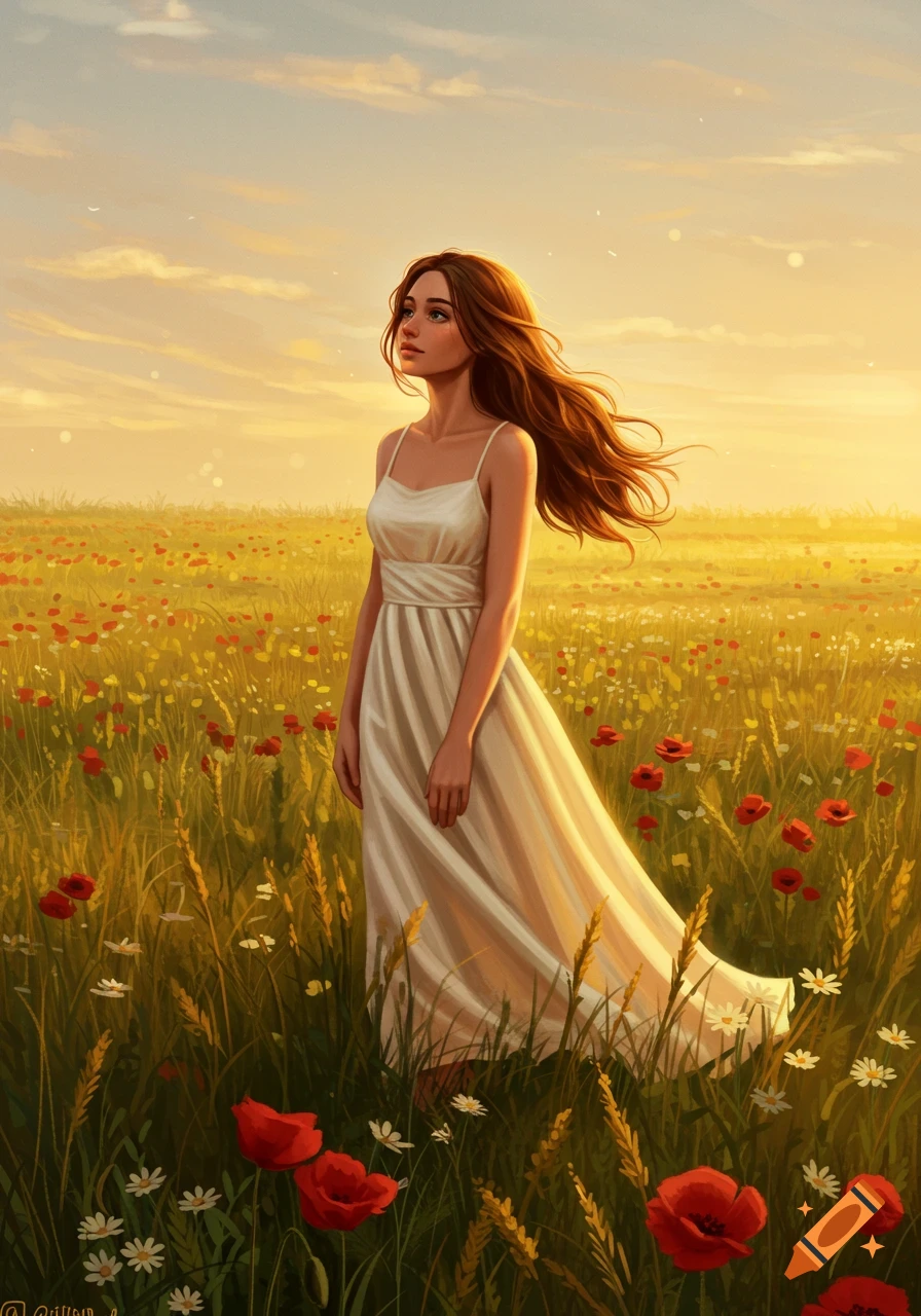A young woman in a white dress stands in a poppy and daisy field at ...