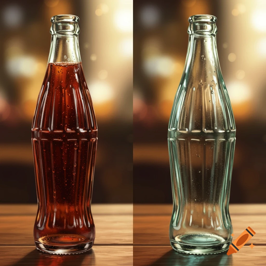 Two photorealistic glass soda bottles on a wooden table, one filled with dark liquid, the other empty, with a bokeh background.