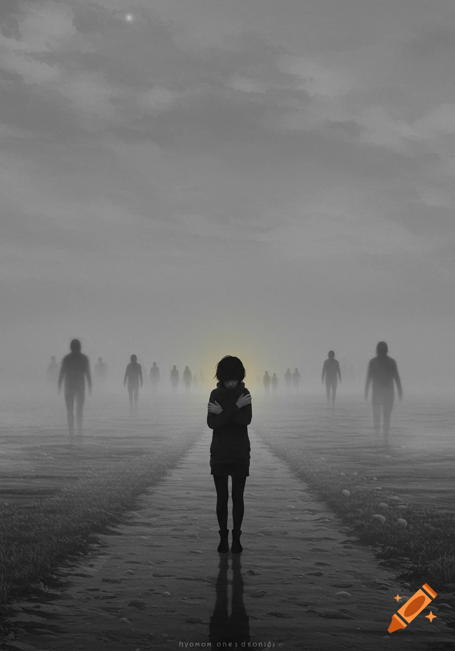 A lone figure stands on a path in a foggy, grayscale landscape, surrounded by shadowy, distant figures, with a subtle golden glow around their head, looking melancholic.