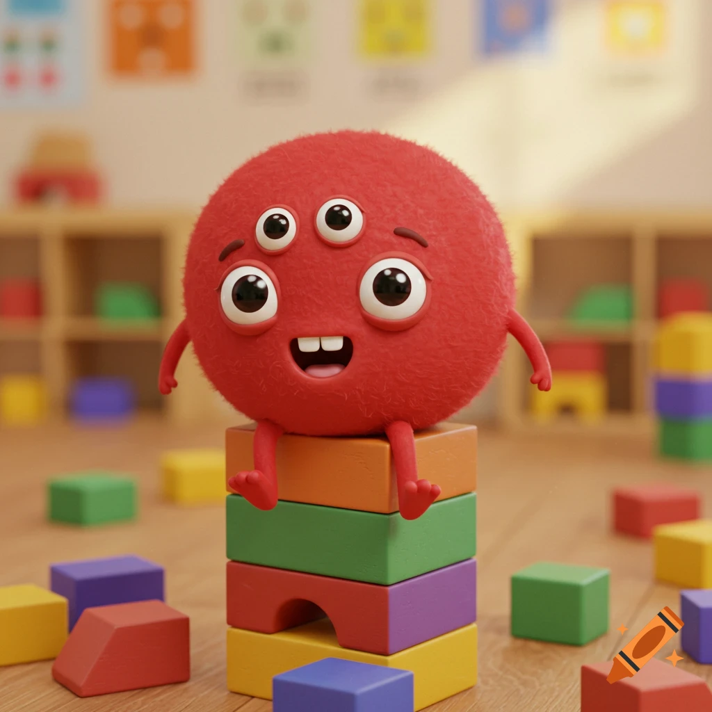 A furry red monster with three eyes and a smiling mouth sits atop a stack of colorful building blocks in a bright classroom.