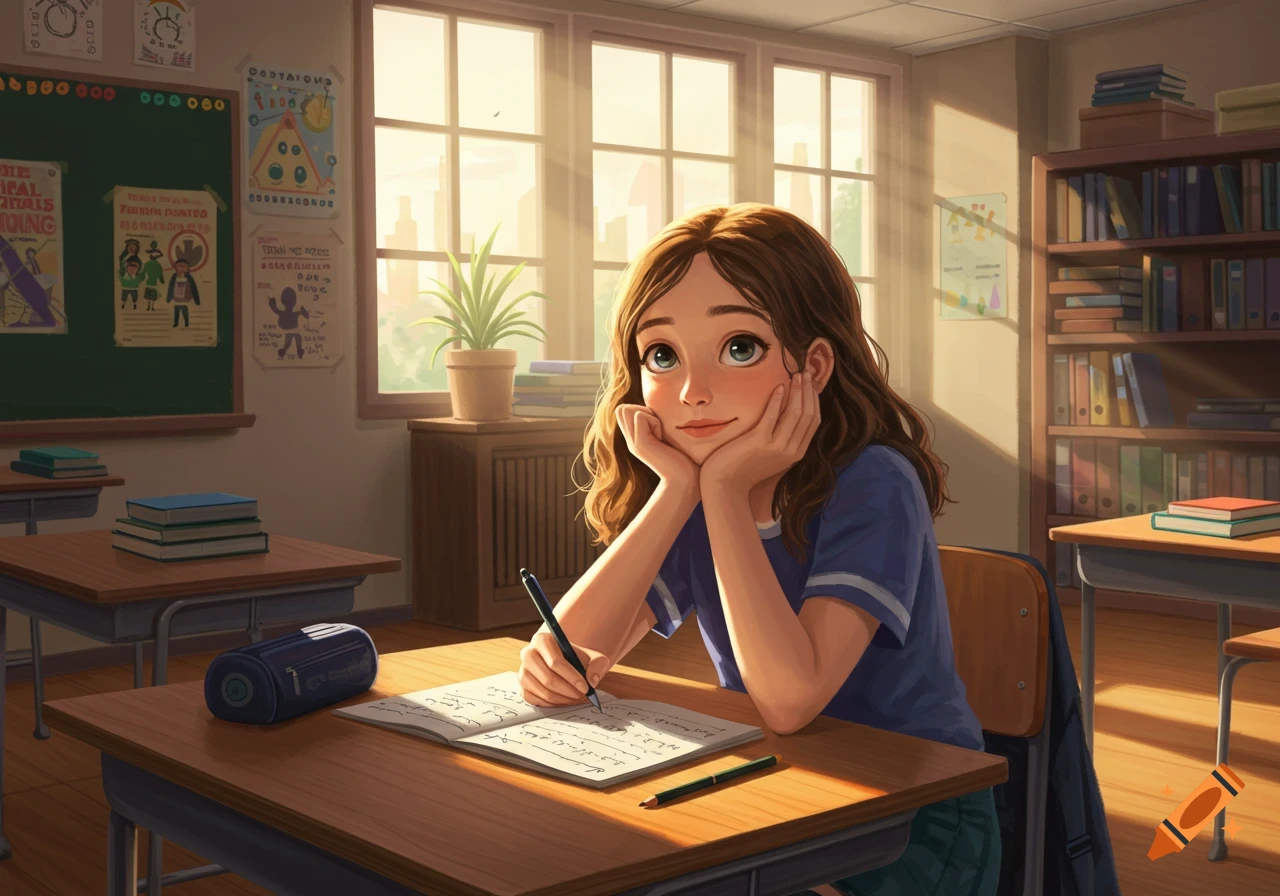 An illustration of a smiling middle school girl with brown hair, sitting at a wooden desk in a sunny classroom, writing in a notebook.