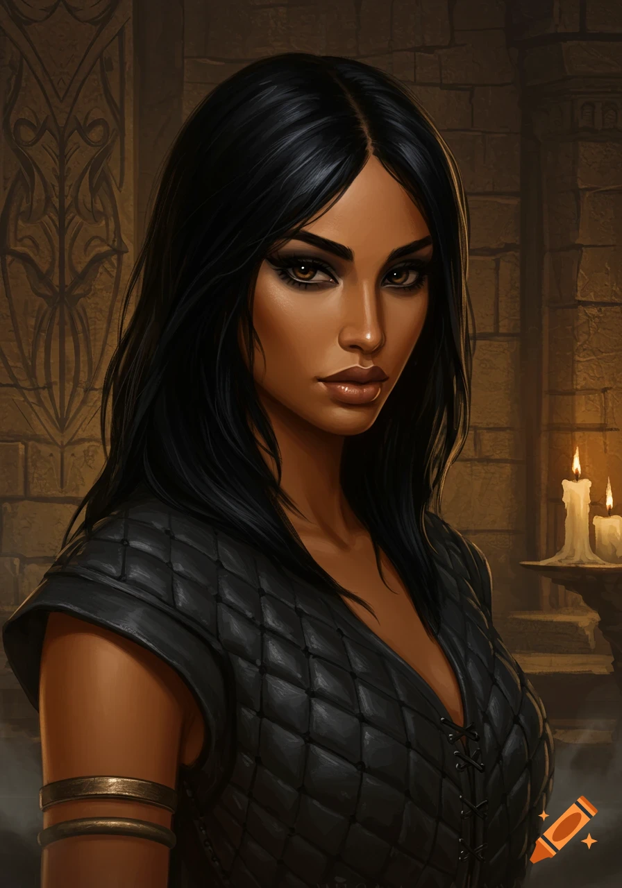 Realistic oil painting of a dark-haired woman in quilted leather armor, standing in a candlelit stone dungeon.