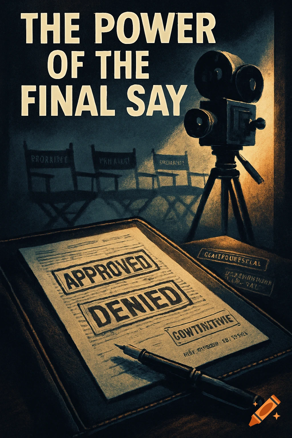 A vintage-style poster features a document with 'APPROVED' and 'DENIED' stamps, a pen, a film camera, and director's chairs, under dramatic lighting.