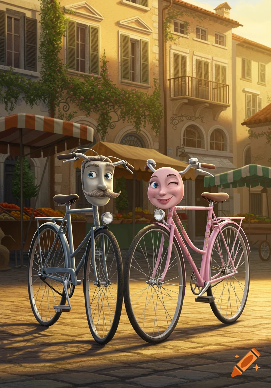 An animated grey bicycle with a mustache and a pink winking bicycle stand on a cobblestone street in front of an old European building with market stalls.