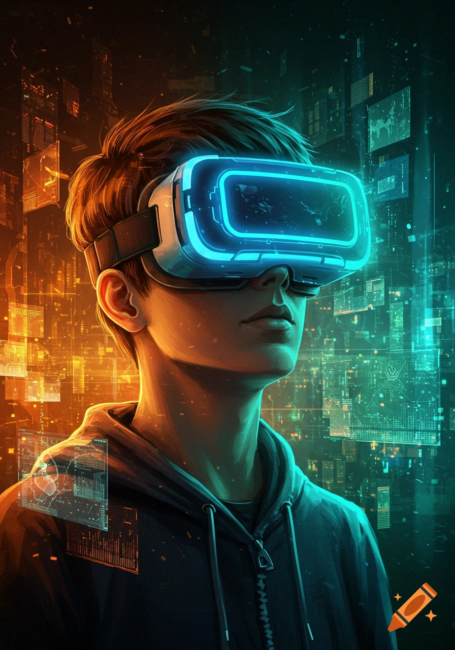 A stylized, brightly lit depiction of a young person wearing a VR headset, immersed in a futuristic digital environment with glowing orange and blue data streams.
