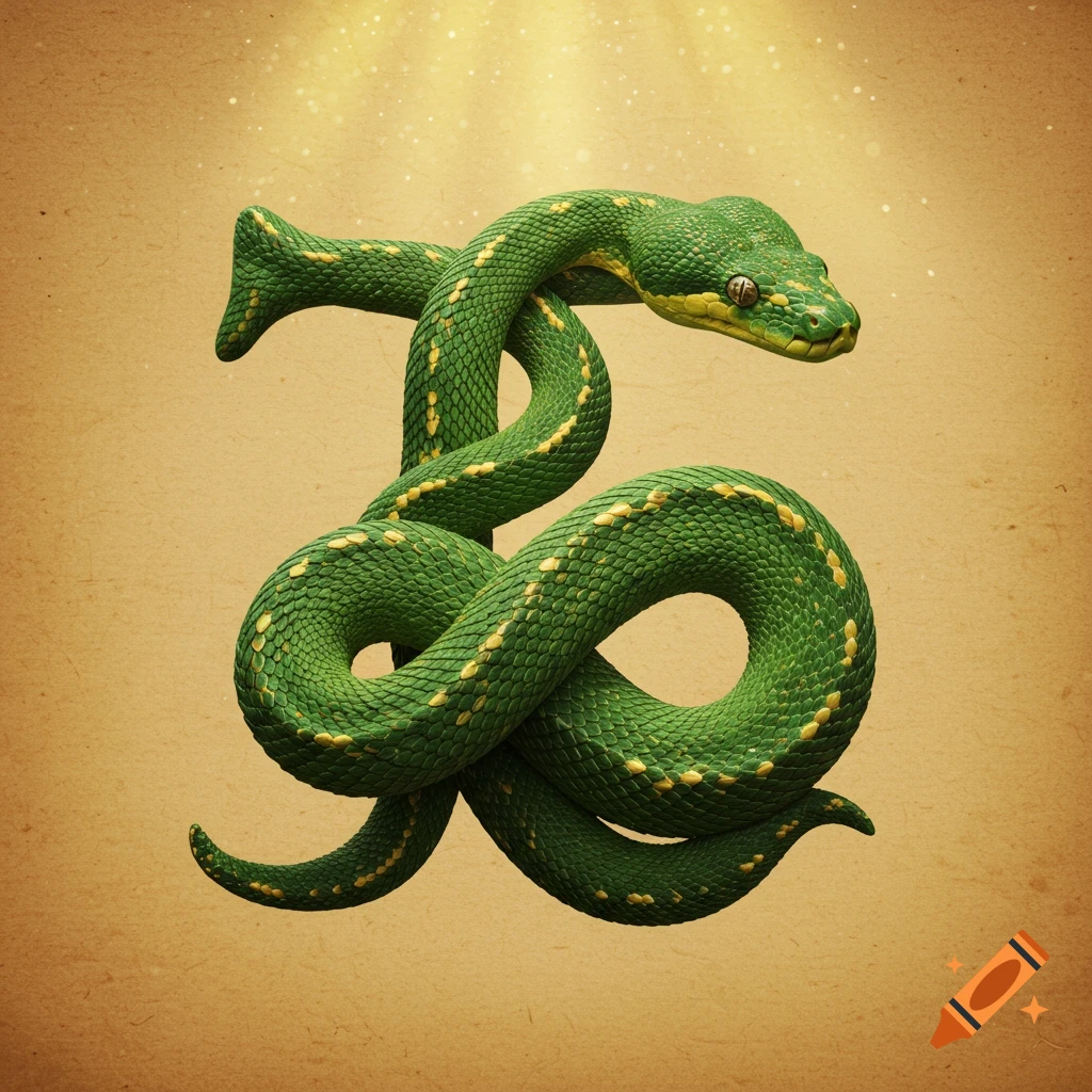 A realistic green snake with yellow markings coiled into the shape of the Greek letter phi on a textured brown background with golden light.