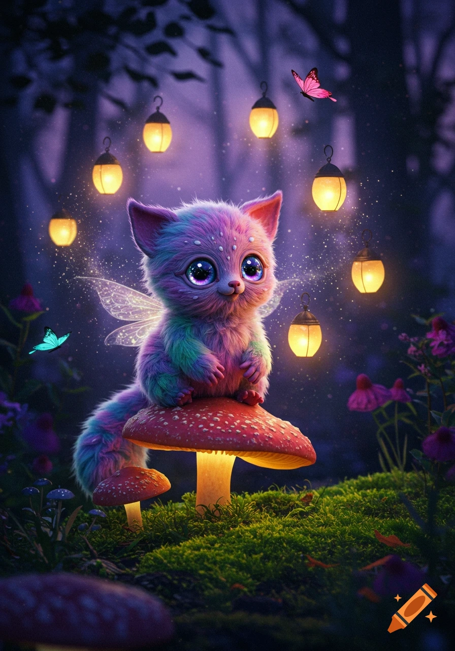 Fluffy, rainbow-colored fairy creature with big eyes on a glowing mushroom in a mystical forest with lanterns and butterflies.