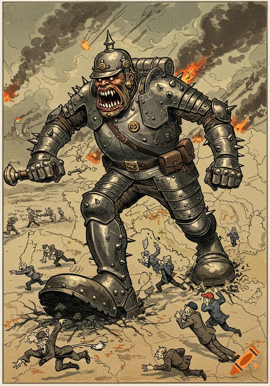 A giant, armored, fanged monster wearing a spiked helmet stomps across a map, as tiny people flee amidst explosions, in a political cartoon style.