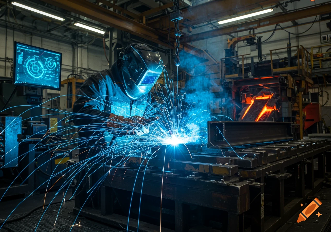 A welder creates bright sparks while working on metal in a busy factory with glowing machinery in the background.