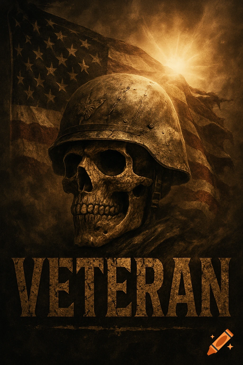 A grim image of a skull in a military helmet, an American flag, and the word 'VETERAN' in a distressed, sepia art style.