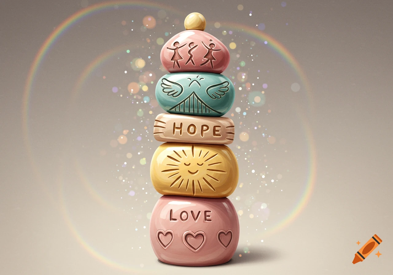 A whimsical stack of colorful ceramic pieces, some with carved symbols like dancing figures, wings, a sun, and others with the words 'HOPE' and 'LOVE', set against a sparkly background with a faint rainbow.