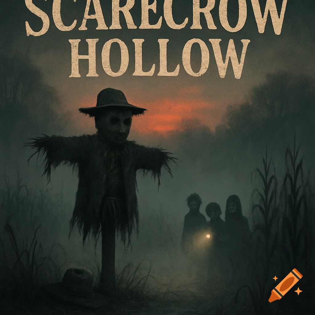A creepy scarecrow in a misty field at sunset with kids and "SCARECROW HOLLOW" text, like a horror poster.