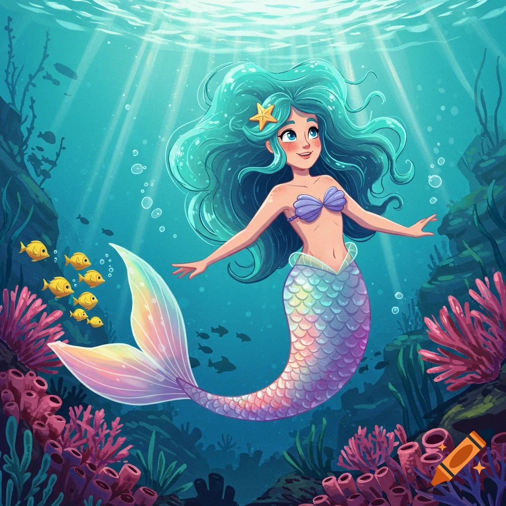 A cartoon mermaid with blue-green hair and a rainbow tail swims underwater, surrounded by coral and yellow fish, with sunrays.