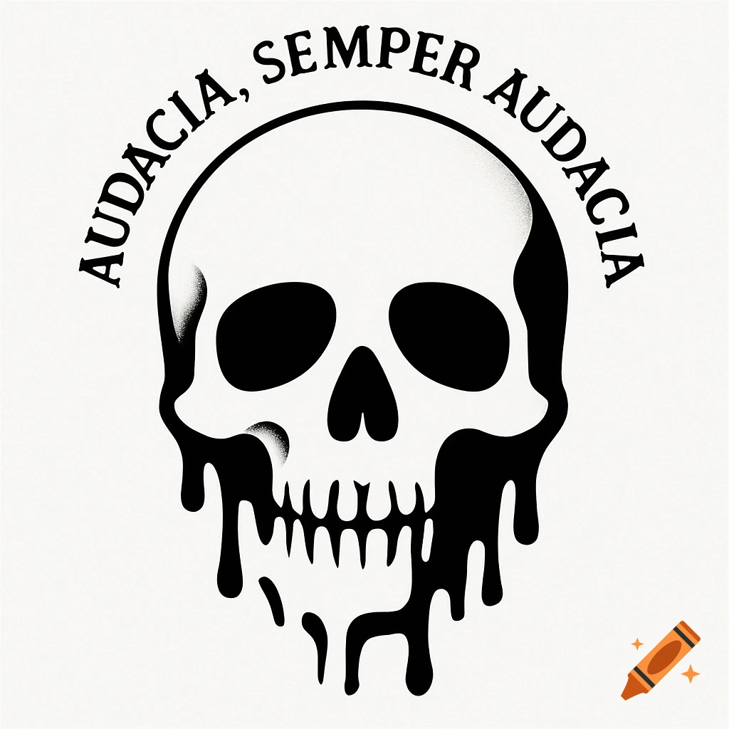 A black and white vector illustration of a dripping skull with "AUDACIA, SEMPER AUDACIA" in an arch above it.