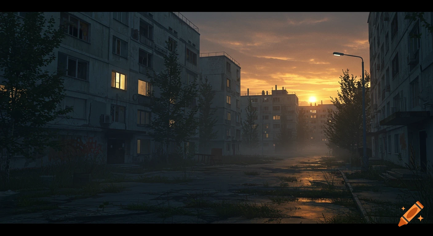 A desolate urban street with dilapidated apartment buildings and overgrown plants at a misty sunset.