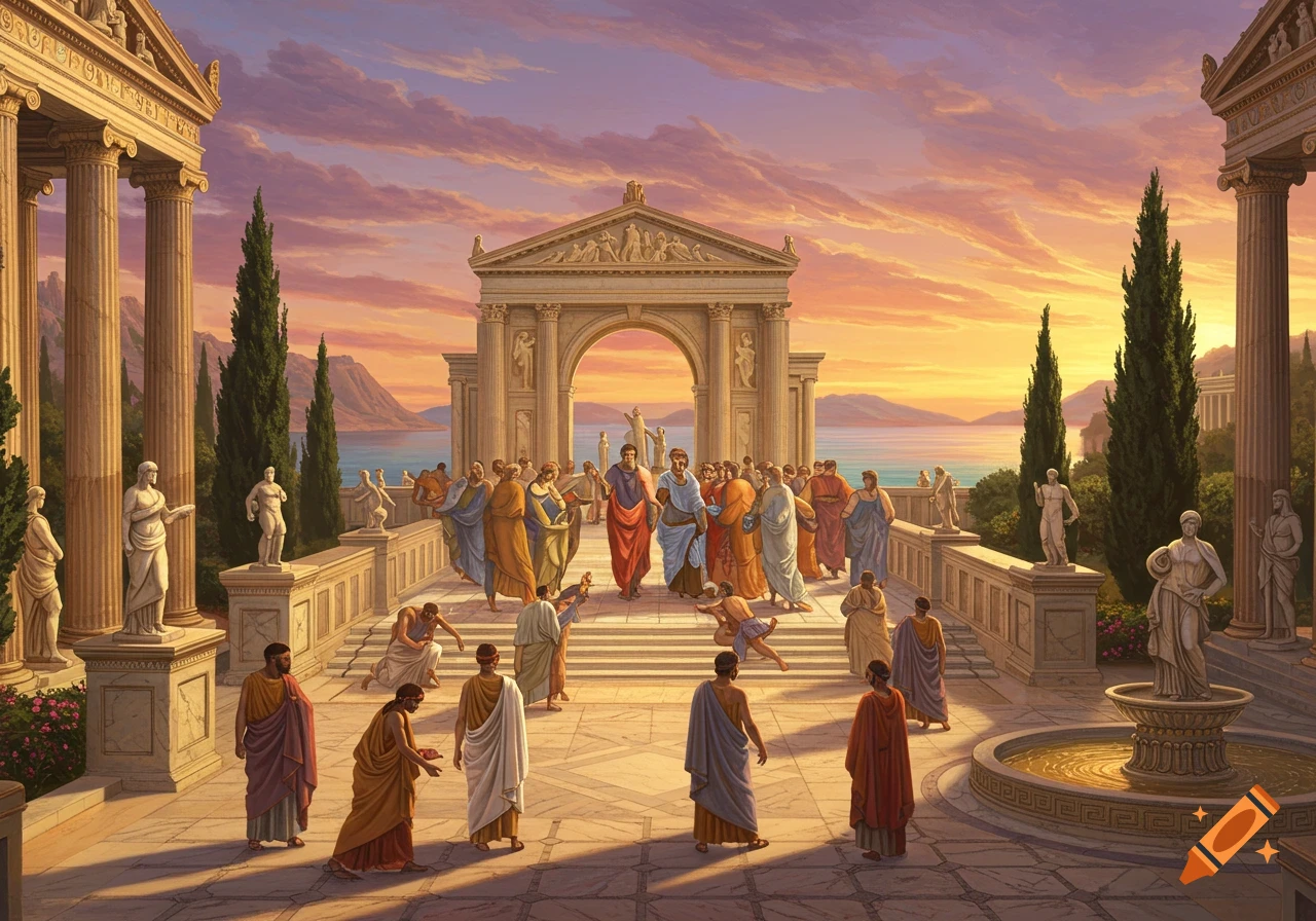 People in ancient robes gather in a classical setting with grand temples, statues, a fountain, and a sunset over the sea.