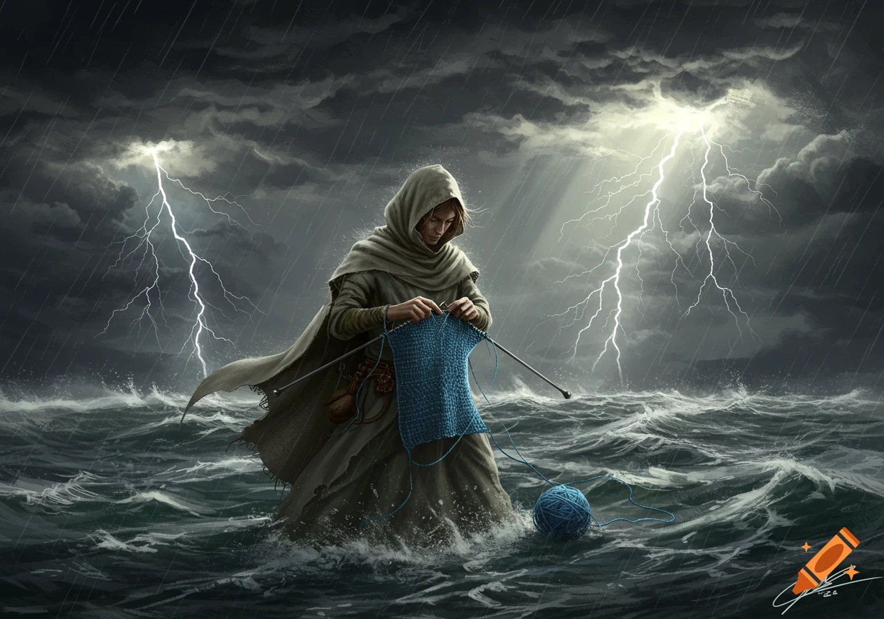 A hooded figure stands in a stormy sea, knitting a blue garment as lightning strikes.