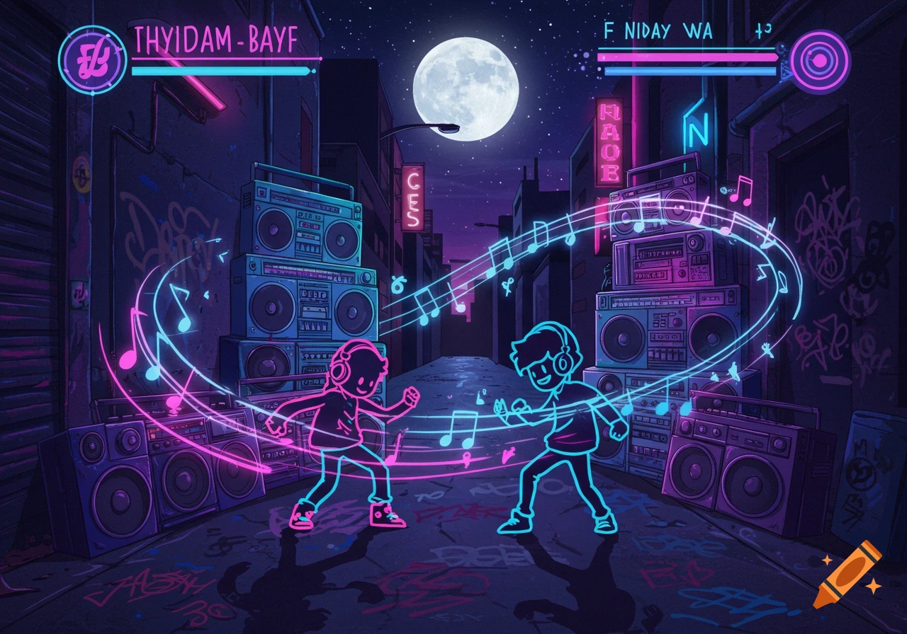 Two neon-outlined cartoon characters dance in a dark, graffiti-filled alley, surrounded by glowing boomboxes, musical notes, and neon signs under a full moon, in a synthwave gaming style.