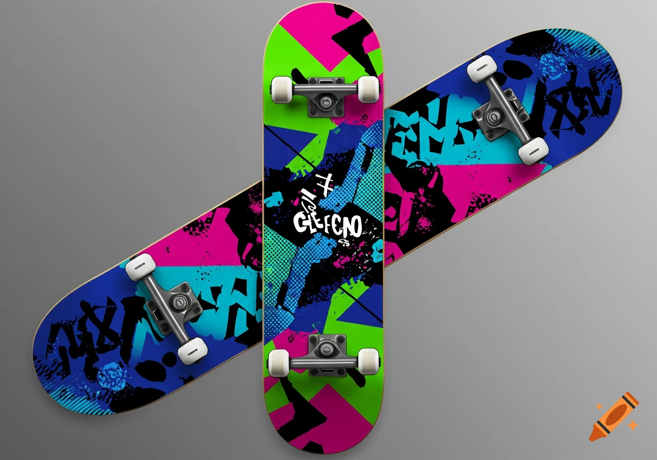 Two skateboards with vibrant abstract graffiti designs in neon green, pink, blue, and black, on a gray background.