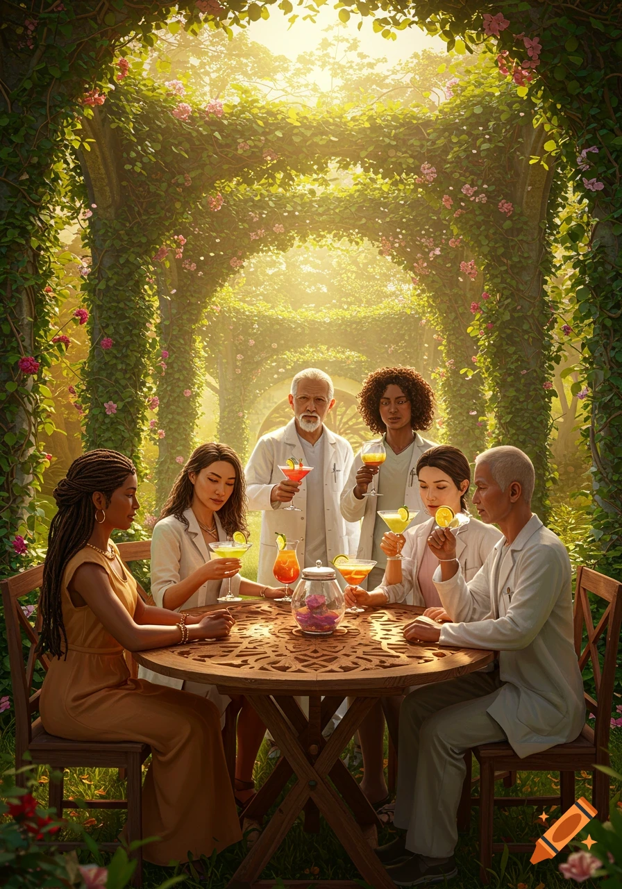 Scientists in lab coats gather around a ornate wooden table with colorful drinks in a lush, sun-drenched garden under an archway of vines and flowers.