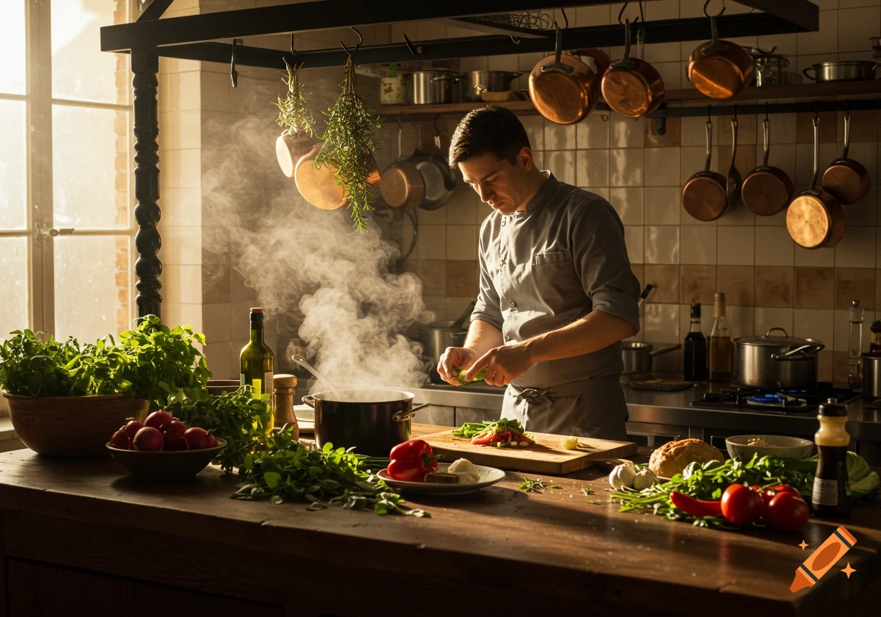 Photorealistic chef preparing food in a rustic kitchen, steam rising from a pot, surrounded by fresh ingredients.