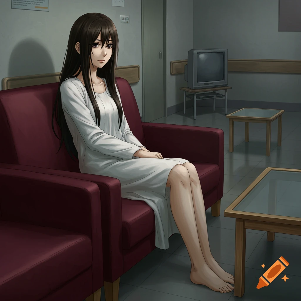 Anime-style Japanese ghost woman with long dark hair, in a white dress, sits barefoot on a maroon sofa in a hospital waiting room.