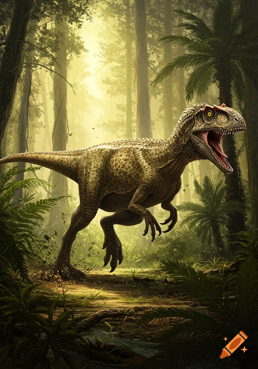 A detailed illustration of an Australovenator dinosaur running through a lush, sun-dappled prehistoric jungle.