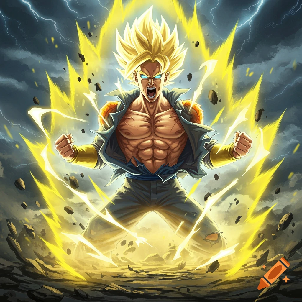A powerful anime character, resembling a Super Saiyan fusion, surrounded by yellow energy and lightning.