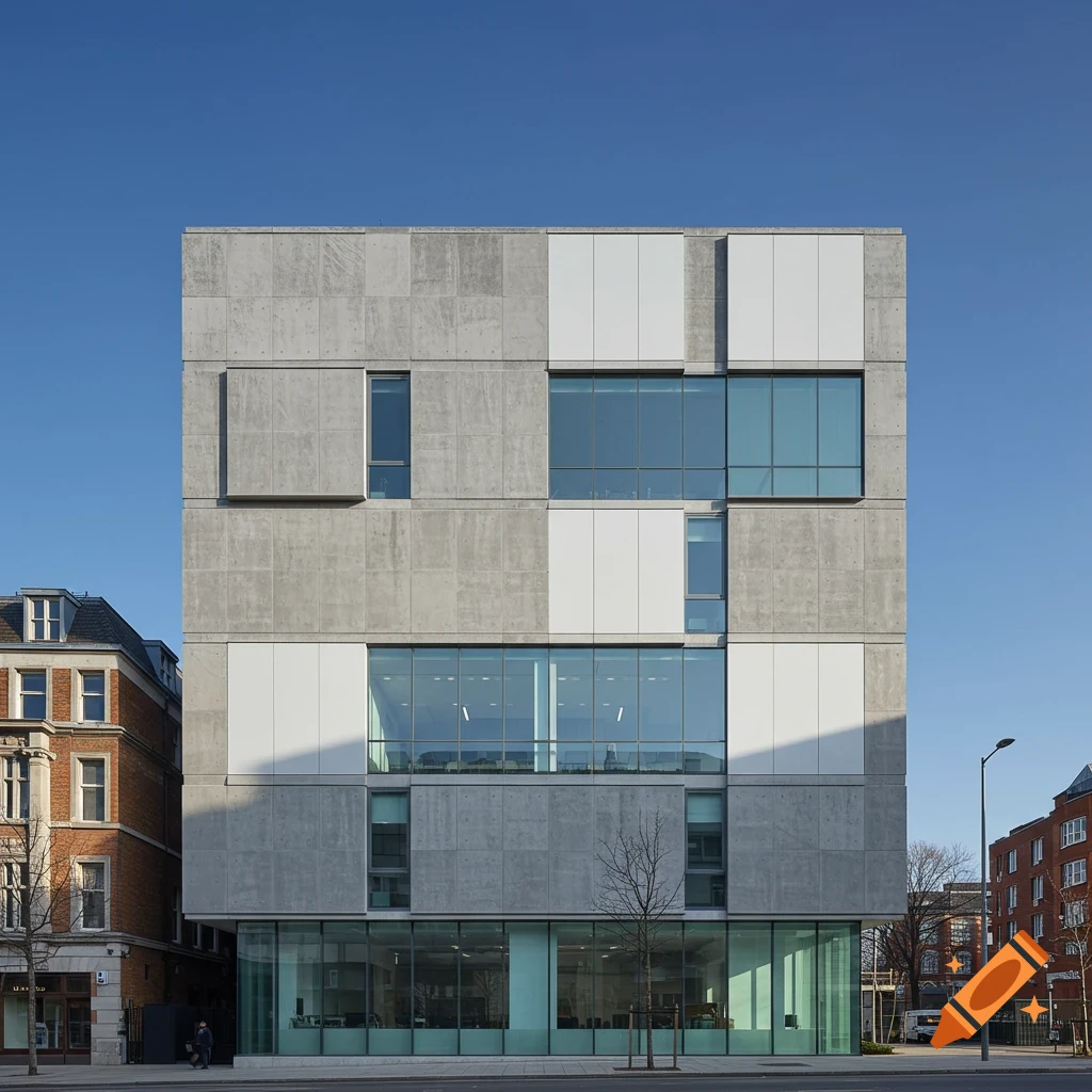 A modern building facade made of concrete panels, white sections, and large glass windows, under a clear blue sky.