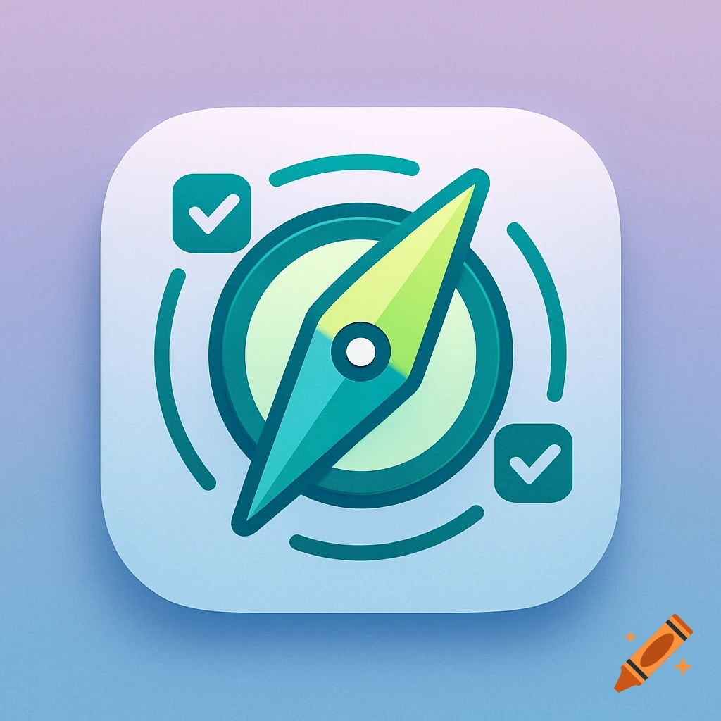 A stylized app icon featuring a green and blue compass with two checkmarks on a light blue rounded square.