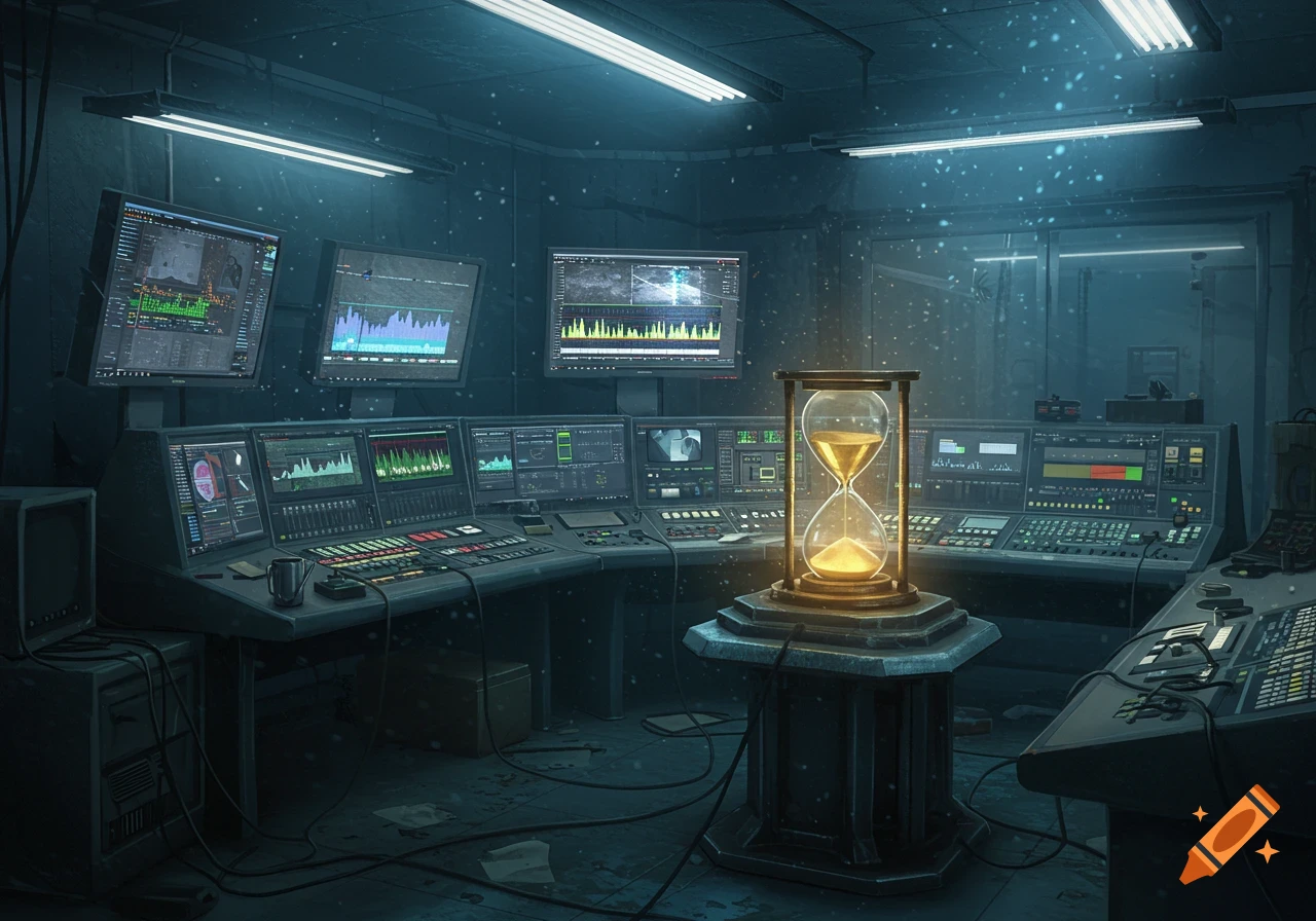 A dimly lit, futuristic control room with multiple screens displaying data and consoles, centered by a glowing hourglass on a pedestal.