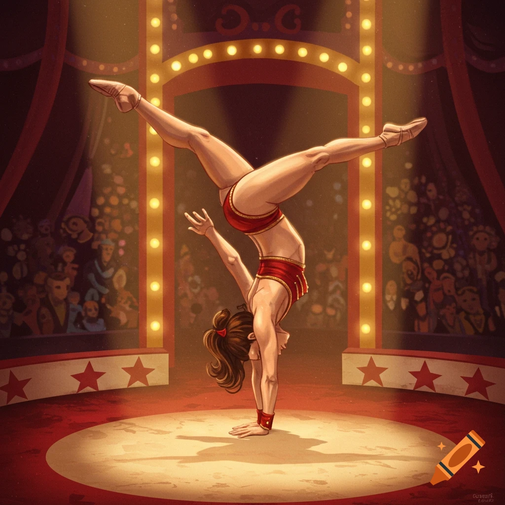 A female circus acrobat in a red and gold costume performs a handstand on a spotlighted stage with a cheering audience in a comic style.