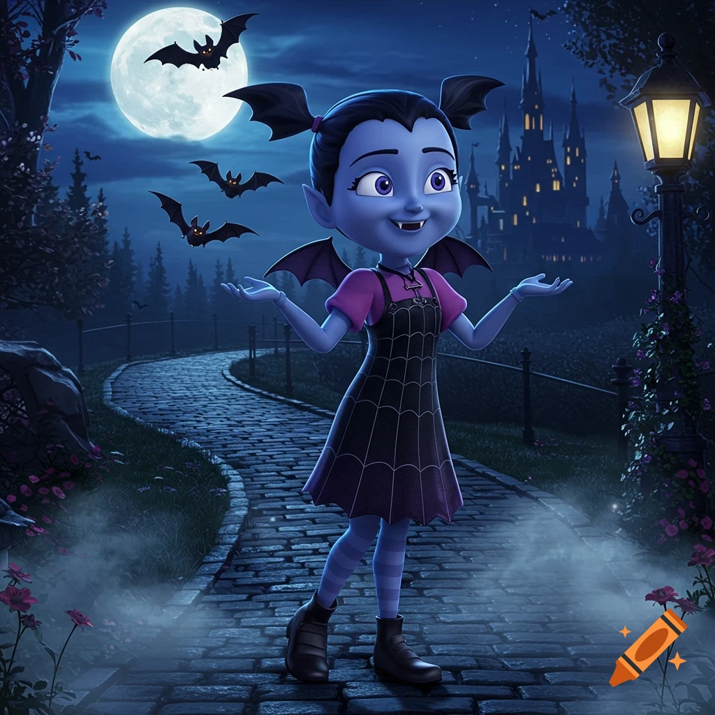 A cute cartoon vampire girl with pigtails and small bat wings stands on a cobblestone path at night. A full moon, flying bats, and a gothic castle are in the background.