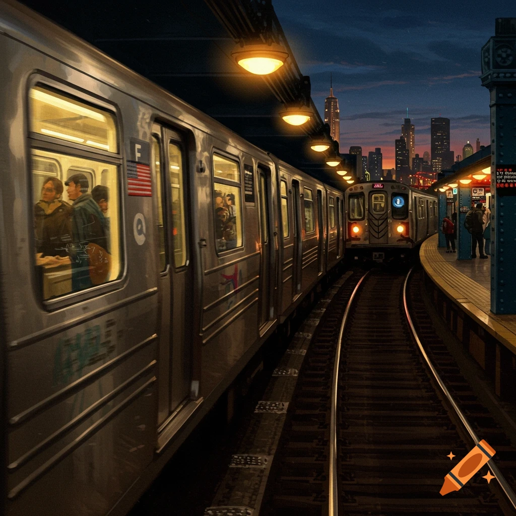 An evening view of two subway trains at a station, with a city skyline in the background. The closer train has passengers visible inside and an F and Q symbol on its side. People wait on the platform for the second train.