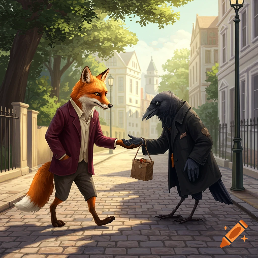 A charming illustration of an anthropomorphic fox and crow, dressed in human clothes, interacting on a cobblestone city street.