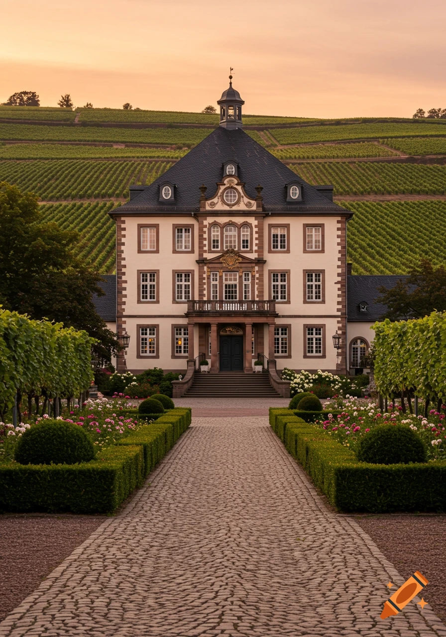 Photorealistic manor house with vineyards and gardens, cobblestone path at sunset.