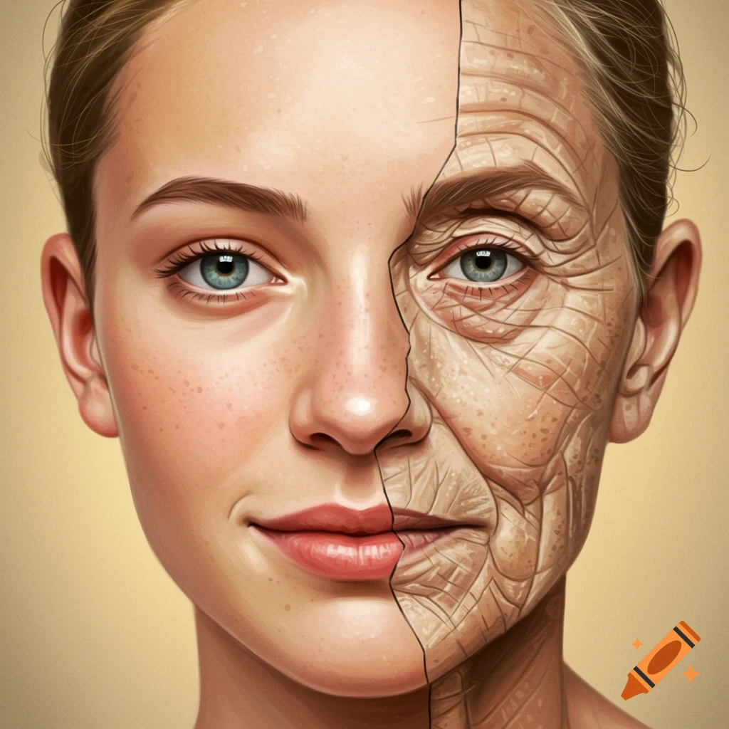 Detailed illustration of a face split vertically, showing a young, smooth side and an aged, wrinkled side.
