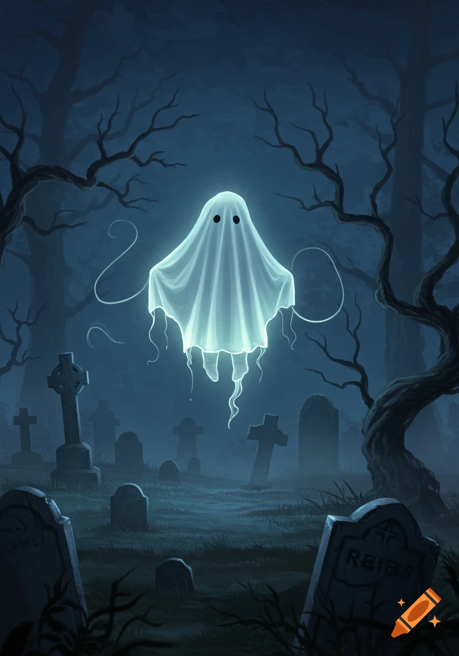 A glowing white sheet ghost with black eyes floats above a foggy graveyard at night, surrounded by bare trees and tombstones.