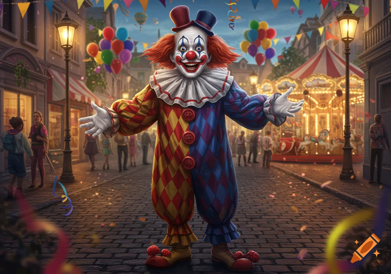 A smiling clown in a colorful harlequin suit and top hat stands on a cobblestone street during a lively carnival.