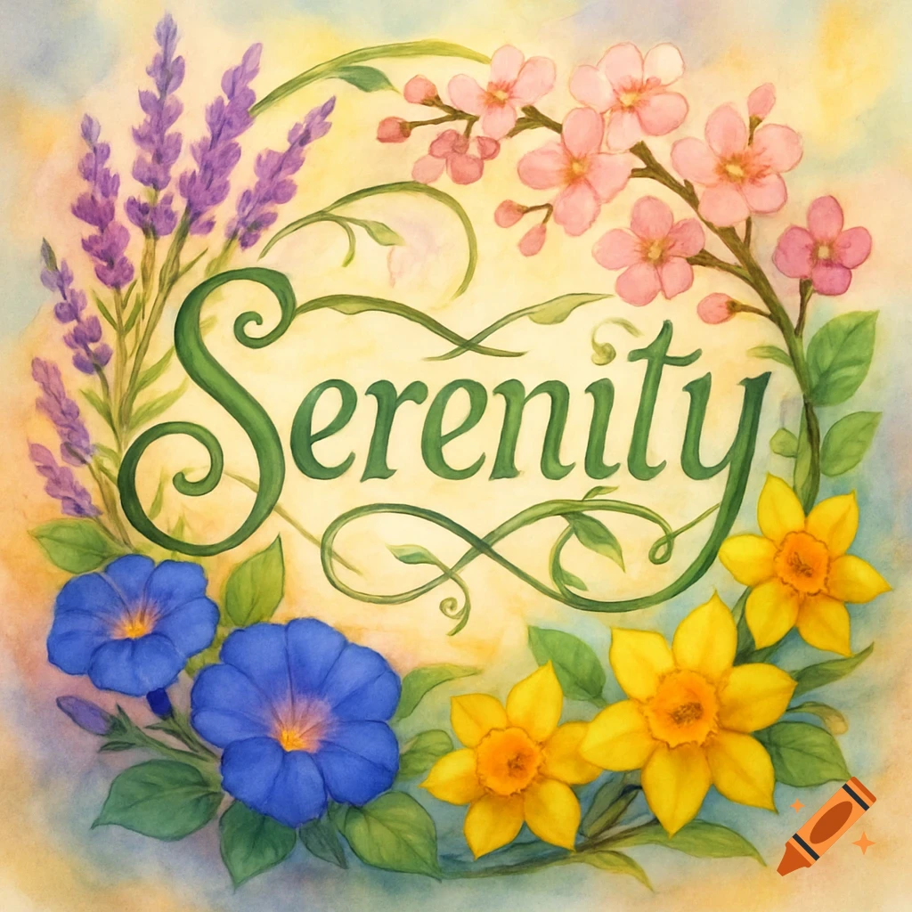 A vibrant watercolor illustration of the word 'Serenity' in green script, framed by lavender, pink cherry blossoms, blue morning glories, and yellow daffodils.