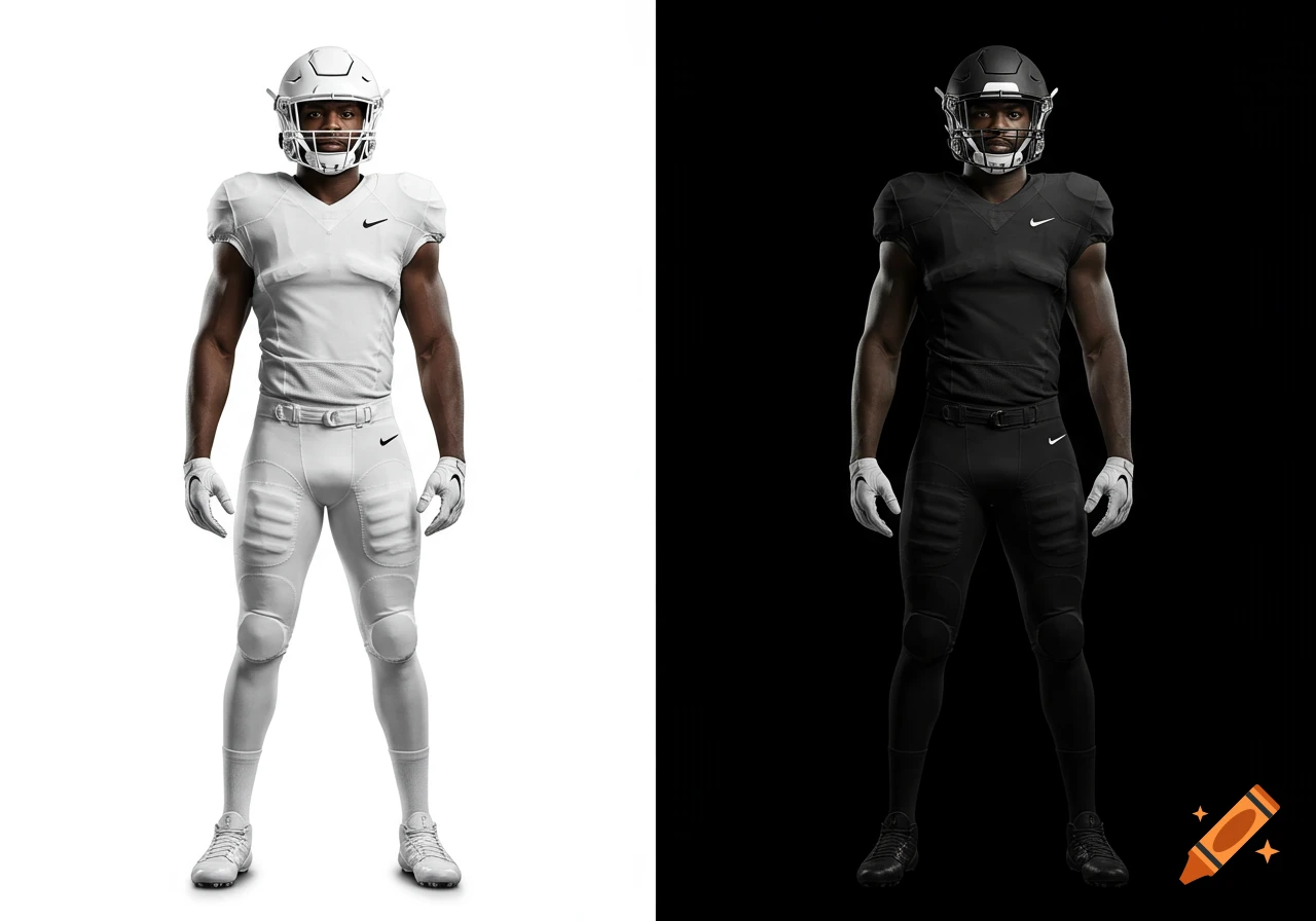 Two photorealistic American football players, one in white uniform on a white background, one in black uniform on a black background.