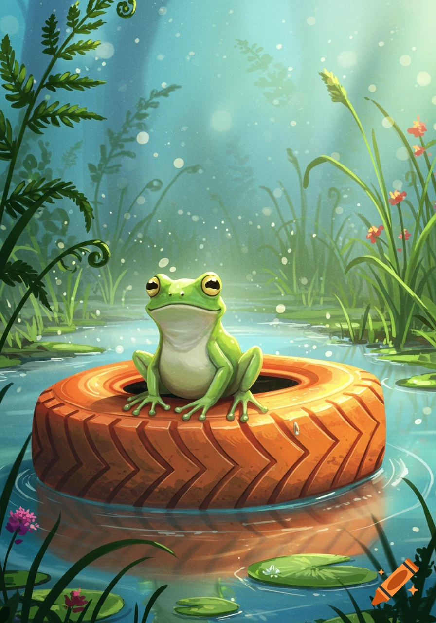 A cartoon frog sits on an orange tire floating in a lush pond with lily pads and ferns.