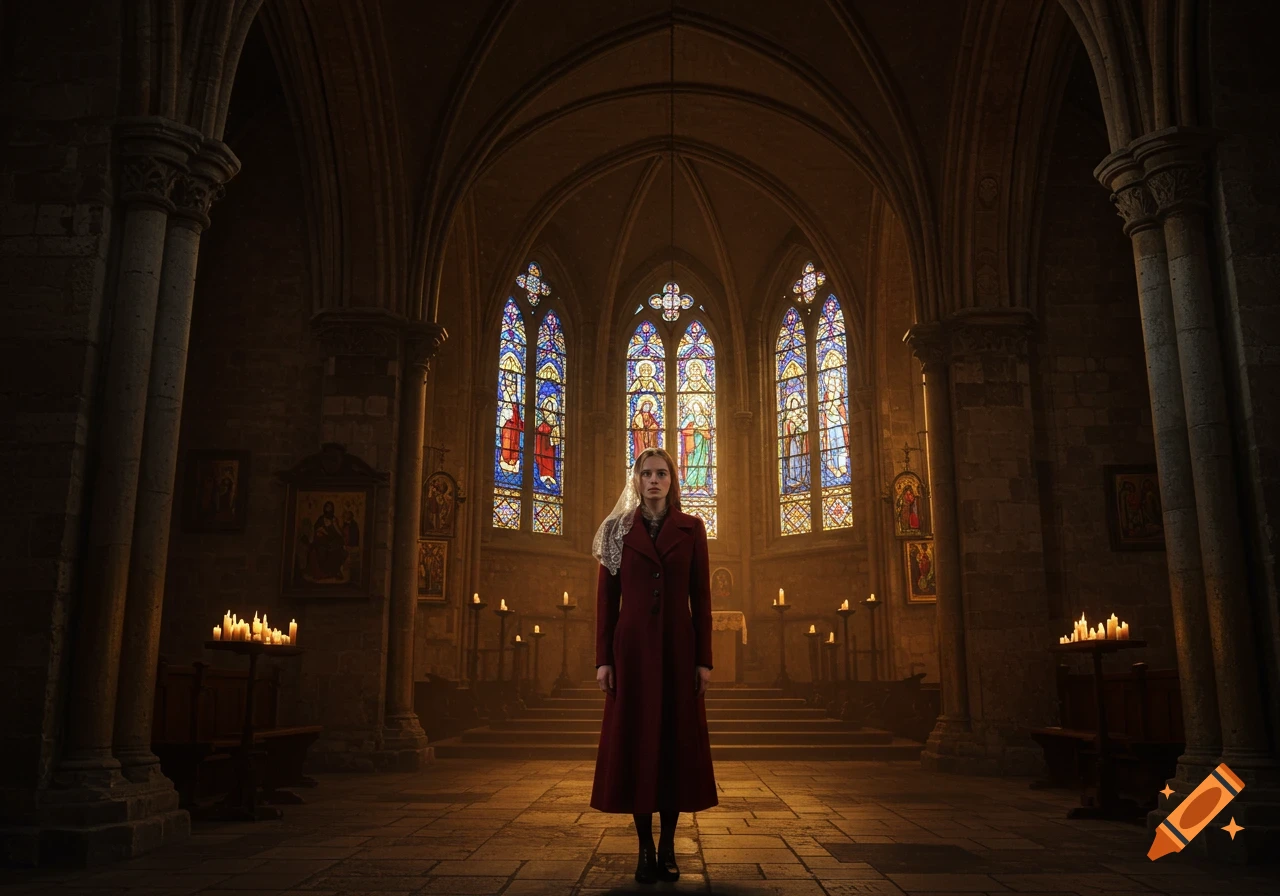 A woman in a long red coat stands in a dimly lit gothic church with vibrant stained glass windows and lit candles.