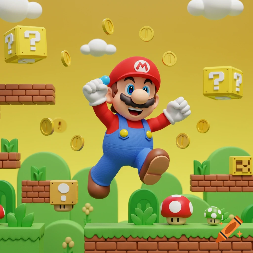 Stylized 3D render of Mario jumping in a vibrant Super Mario Bros. level with green hills, brick blocks, question blocks, and floating gold coins.