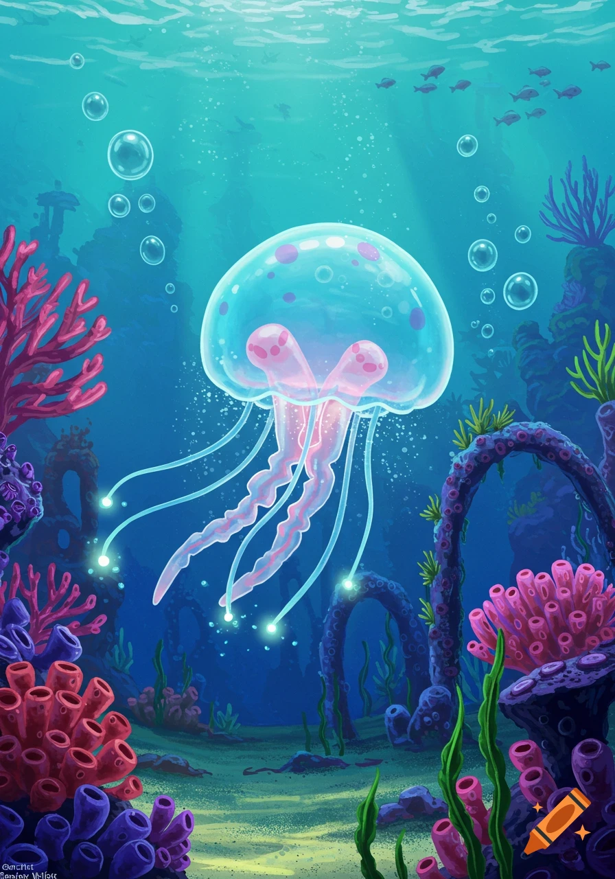 A vibrant illustration of a glowing blue and pink jellyfish swimming in a colorful coral reef with bubbles and fish.