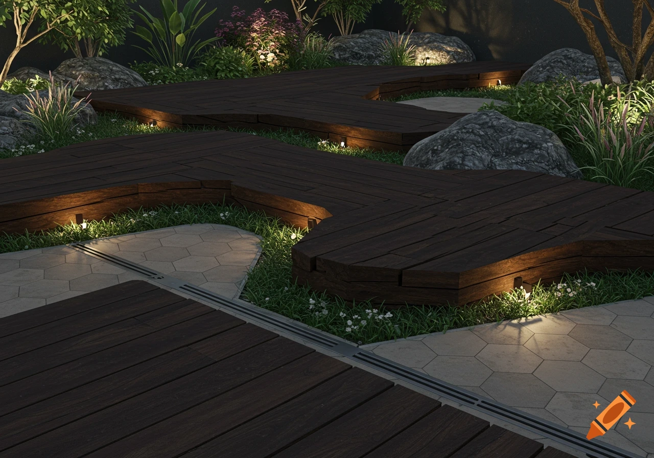 A modern garden at night with dark wooden pathways, hexagonal stone tiles, rocks, and illuminated plants.