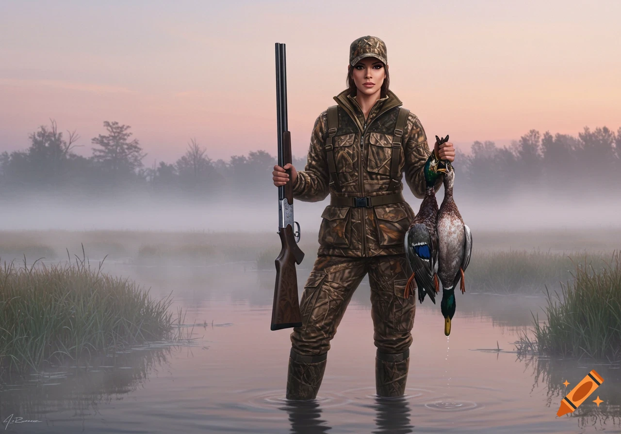 A serious woman in camouflage hunting gear stands in a misty swamp, holding a shotgun and two dead ducks, photorealistic.