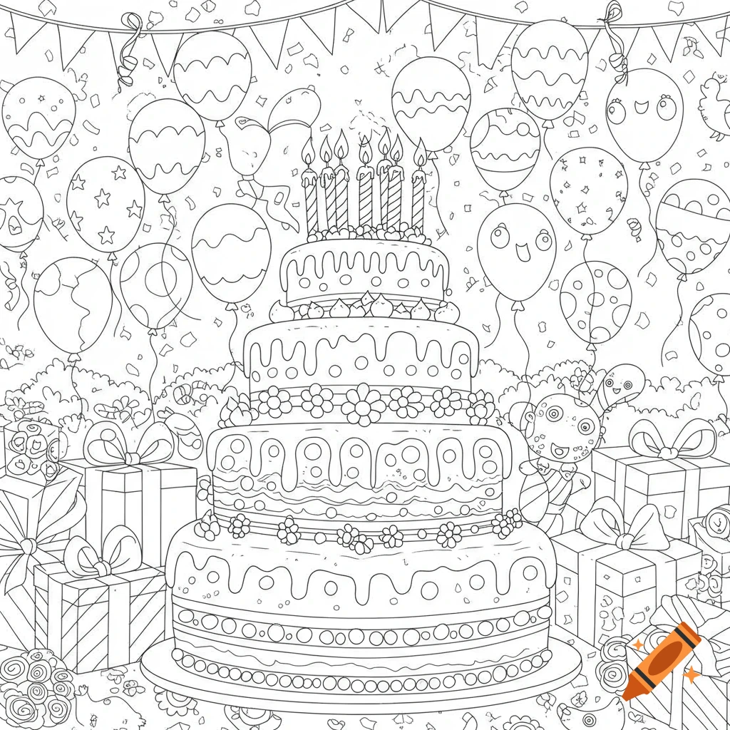 A detailed black and white line art coloring page depicting a large tiered birthday cake with candles, surrounded by balloons, confetti, and wrapped gifts.