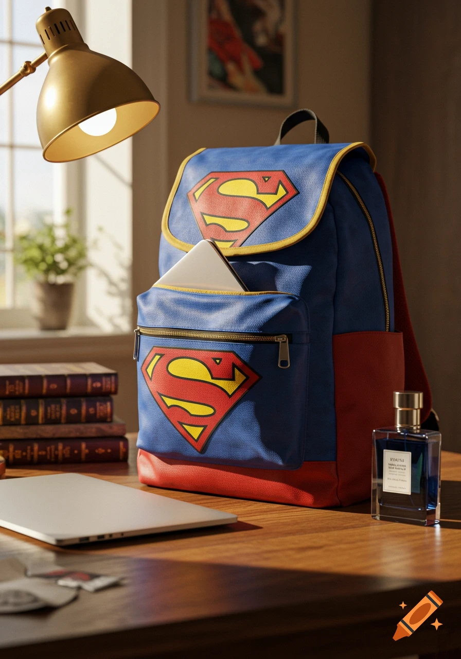 A photorealistic image of a blue and red Superman backpack on a wooden desk with a laptop, books, and cologne bottle under a desk lamp.