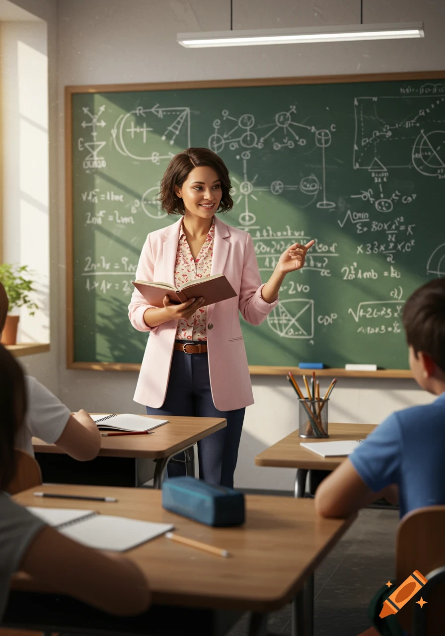 A female teacher in a pink blazer stands in front of a blackboard, holding a book and pointing, addressing students in a classroom.